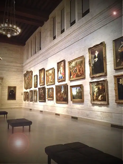 Fine art gallery interior with framed paintings