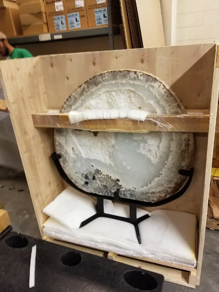 Large gem sculpture in a custom shipping crate